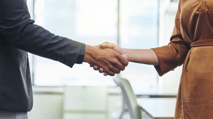 Two business partners shaking hands in an office